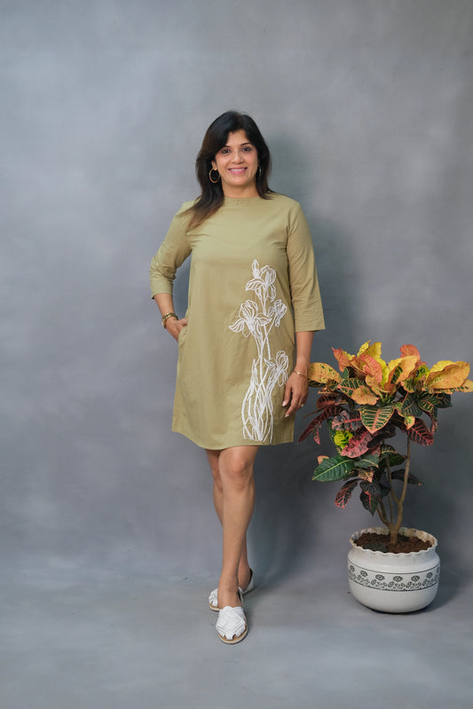 Khaki Knee Length One Piece – Embroidered Soft Cotton Dress for Bold Elegance