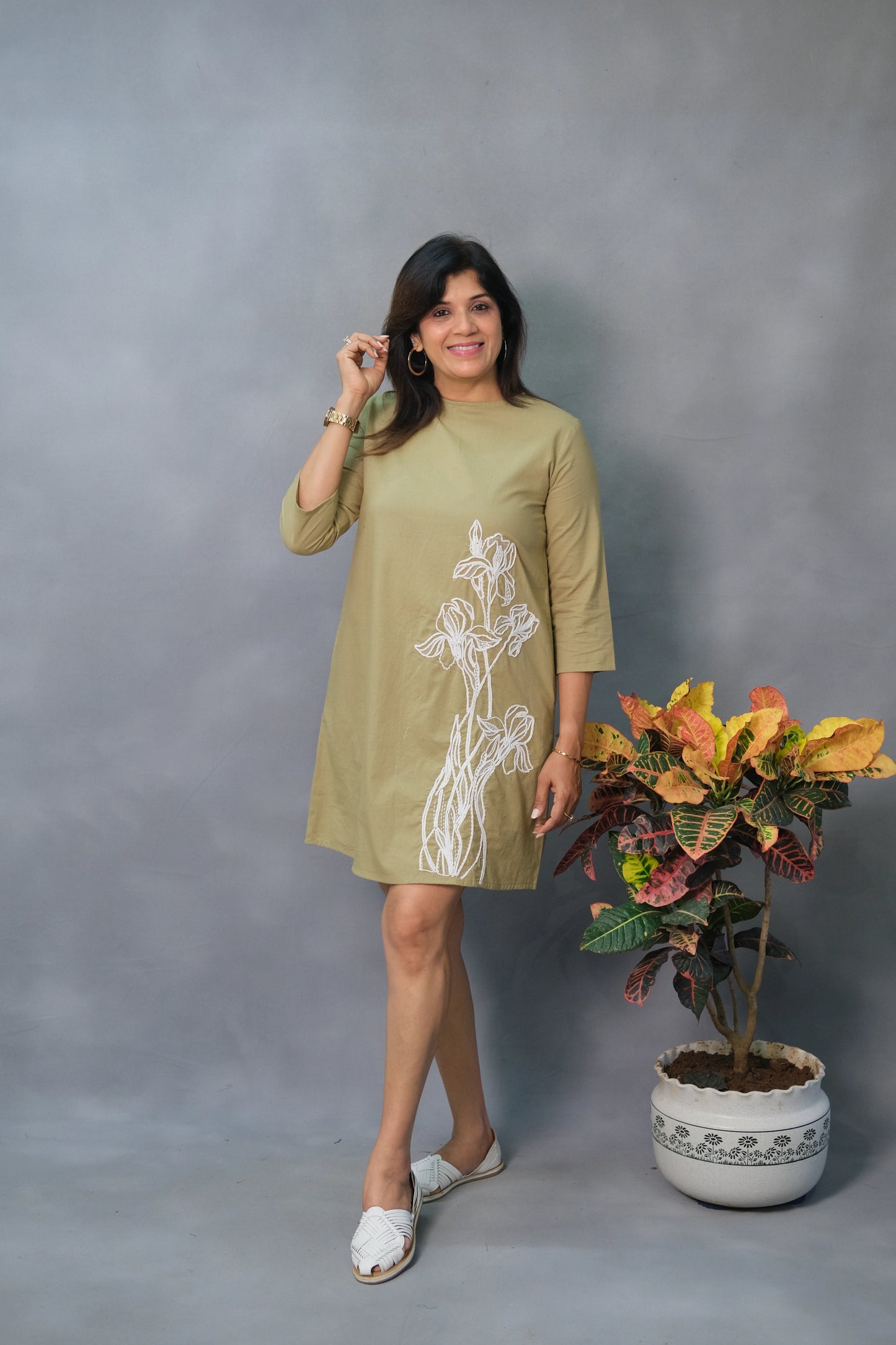 Khaki Knee Length One Piece – Embroidered Soft Cotton Dress for Bold Elegance