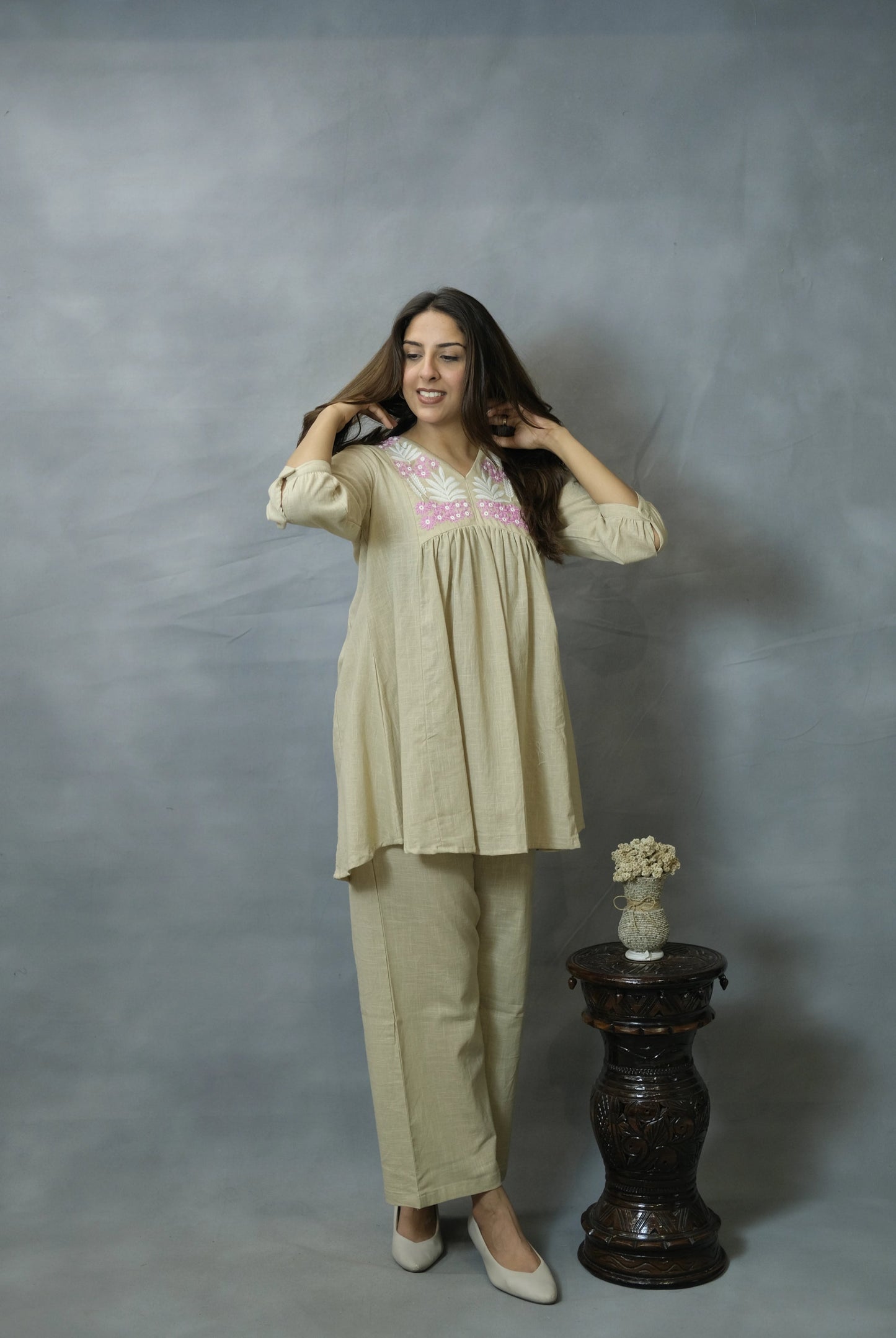 Beige Embroidered Co-ord Set | Flex Cotton | Elegant Everyday Wear