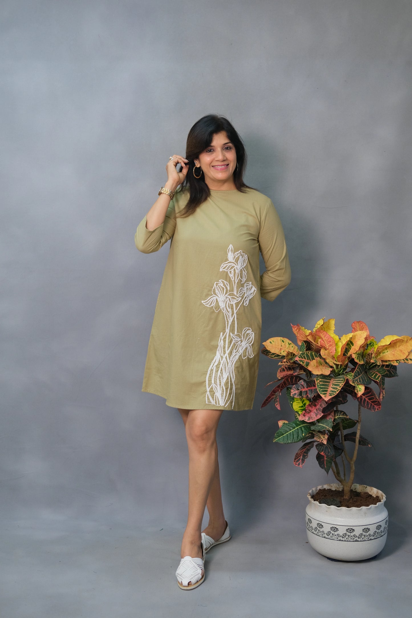 Khaki Knee Length One Piece – Embroidered Soft Cotton Dress for Bold Elegance