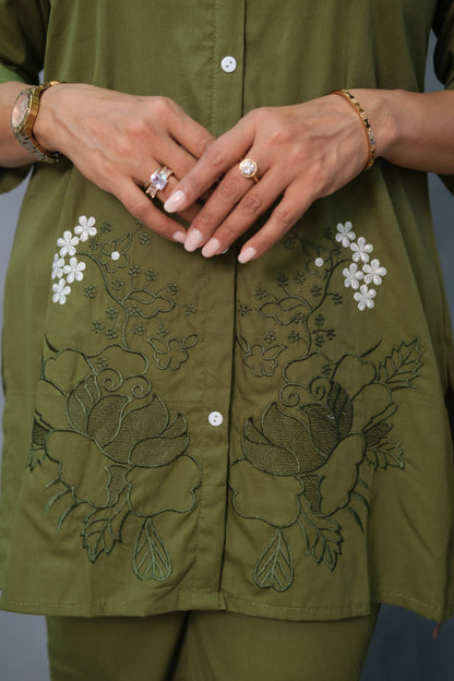 Green Embroidered Co-ord Set – Pure Cotton Comfort with Elegant Detailing