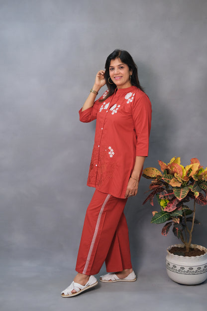 Red Embroidered Co-ord Set – Pure Cotton Traditional Chic for Modern Women