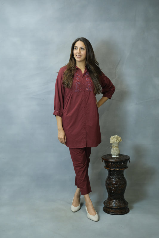 Maroon Co-ord Set with Elegant Pearl Work | Soft Cotton Comfort