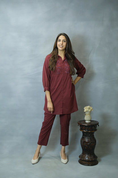 Maroon Co-ord Set with Elegant Pearl Work | Soft Cotton Comfort