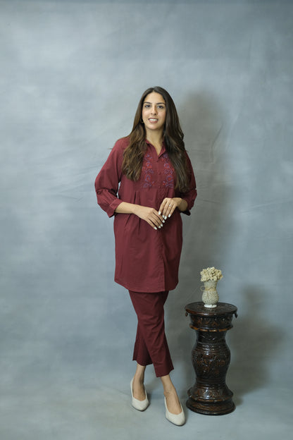 Maroon Co-ord Set with Elegant Pearl Work | Soft Cotton Comfort