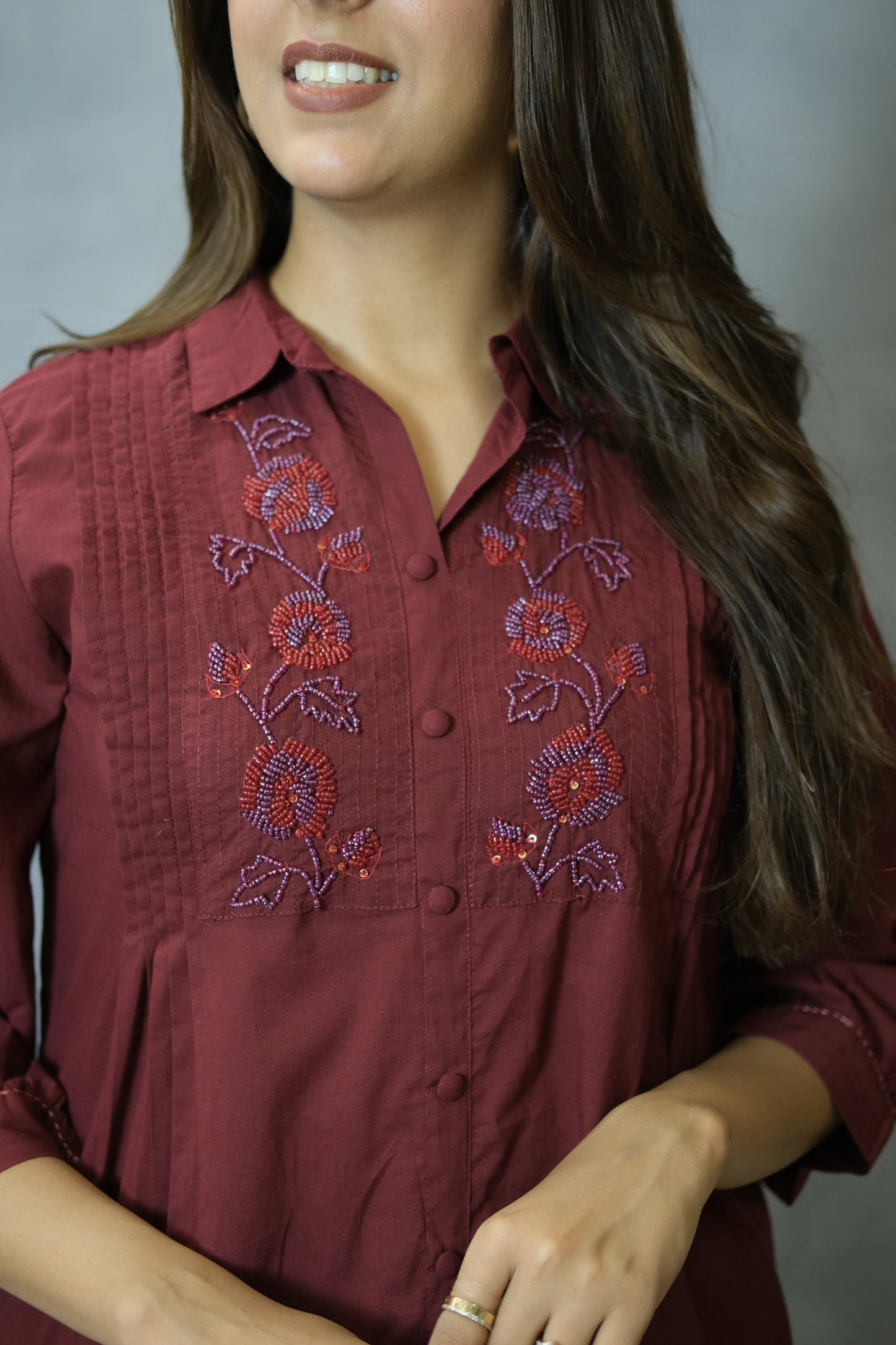 Maroon Co-ord Set with Elegant Pearl Work | Soft Cotton Comfort