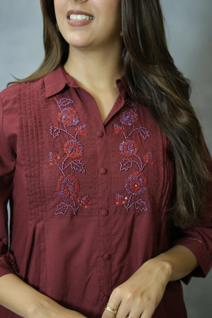 Maroon Co-ord Set with Elegant Pearl Work | Soft Cotton Comfort