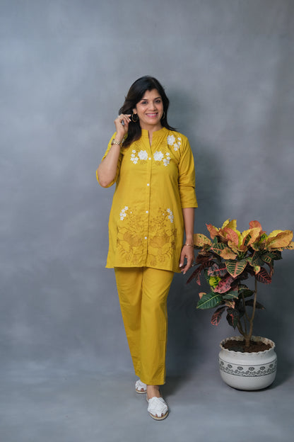 Mustard Yellow Embroidered Co-ord Set | Pure Cotton Elegance