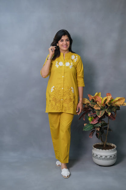 Mustard Yellow Embroidered Co-ord Set | Pure Cotton Elegance