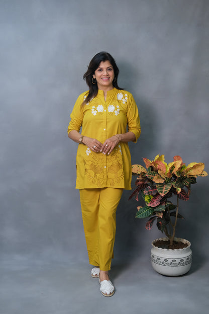 Mustard Yellow Embroidered Co-ord Set | Pure Cotton Elegance