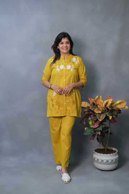 Mustard Yellow Embroidered Co-ord Set | Pure Cotton Elegance