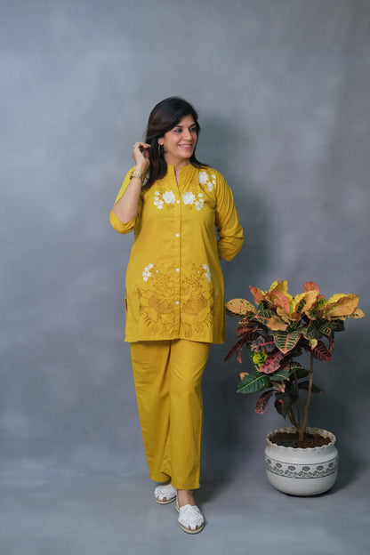 Mustard Yellow Embroidered Co-ord Set | Pure Cotton Elegance