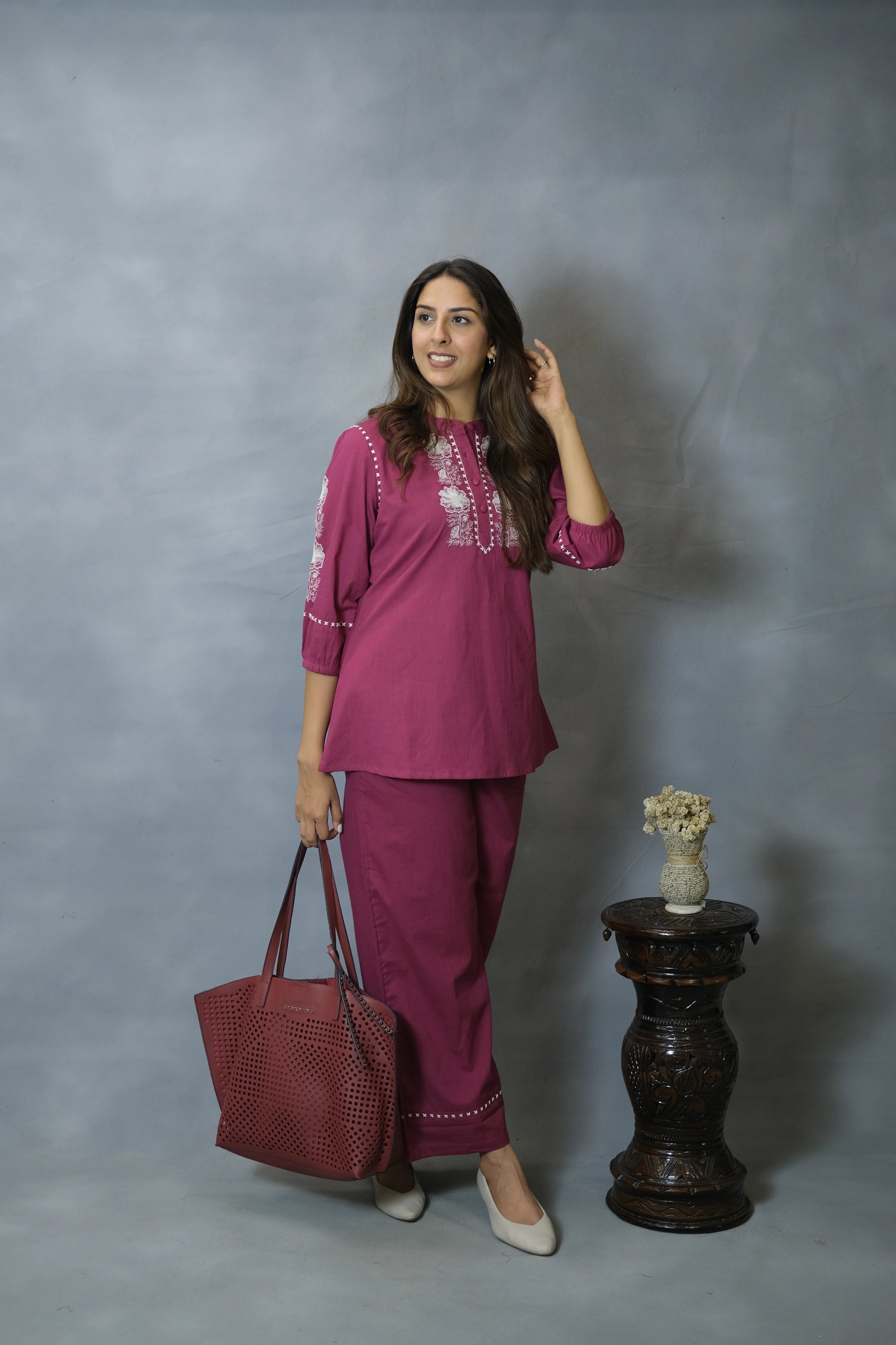 Dark Wine Embroidered Co-ord Set | Soft Cotton