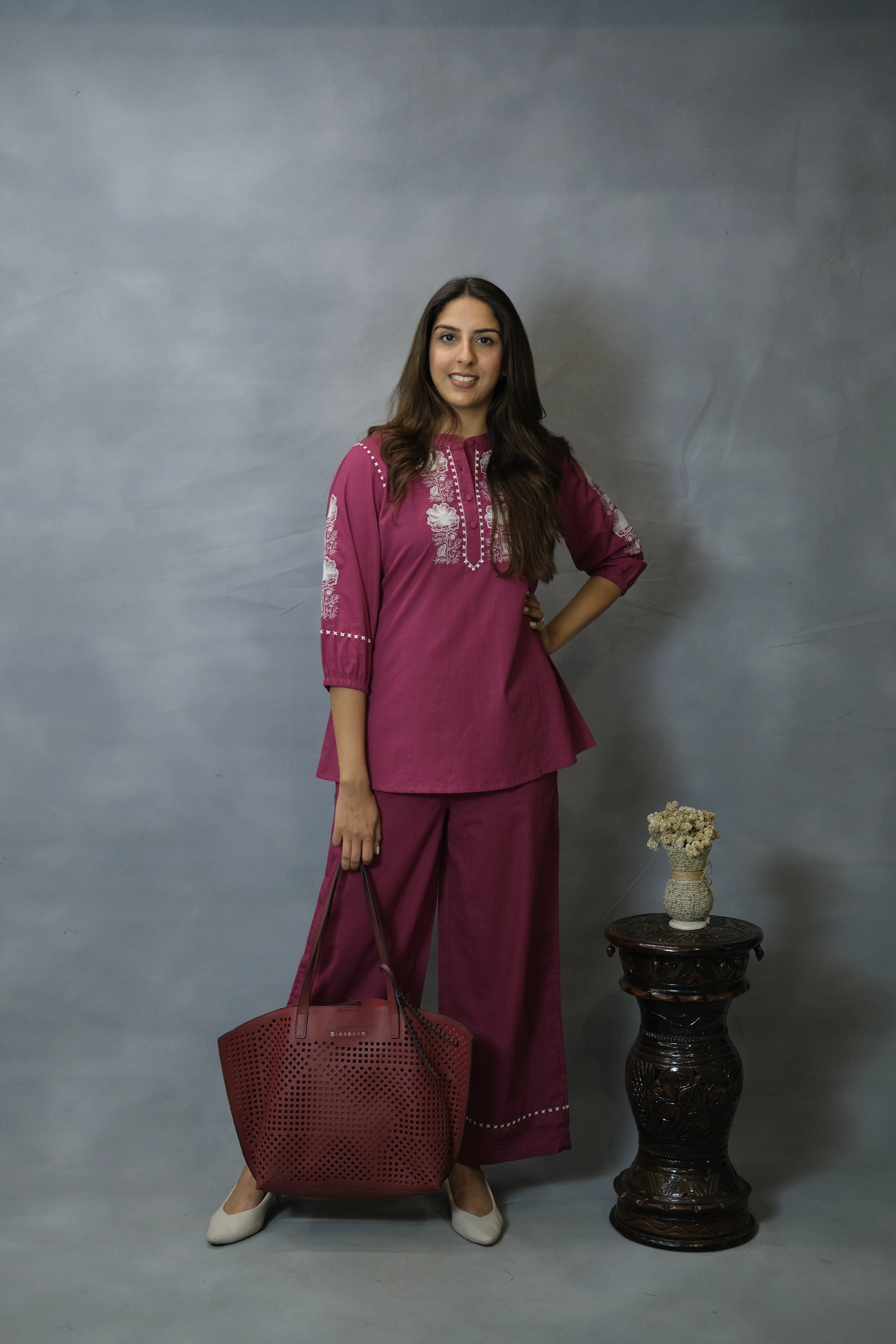 Dark Wine Embroidered Co-ord Set | Soft Cotton