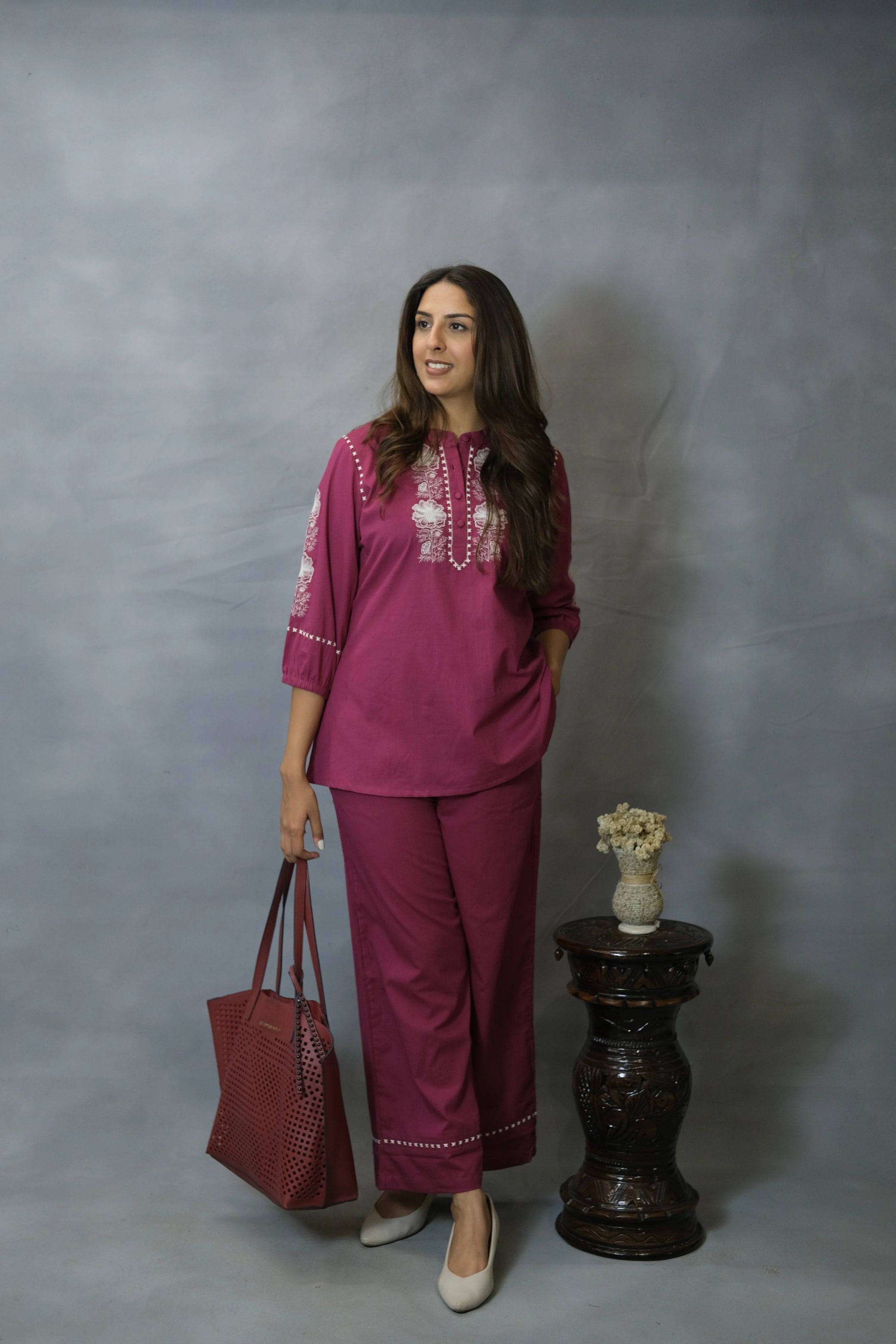 Dark Wine Embroidered Co-ord Set | Soft Cotton