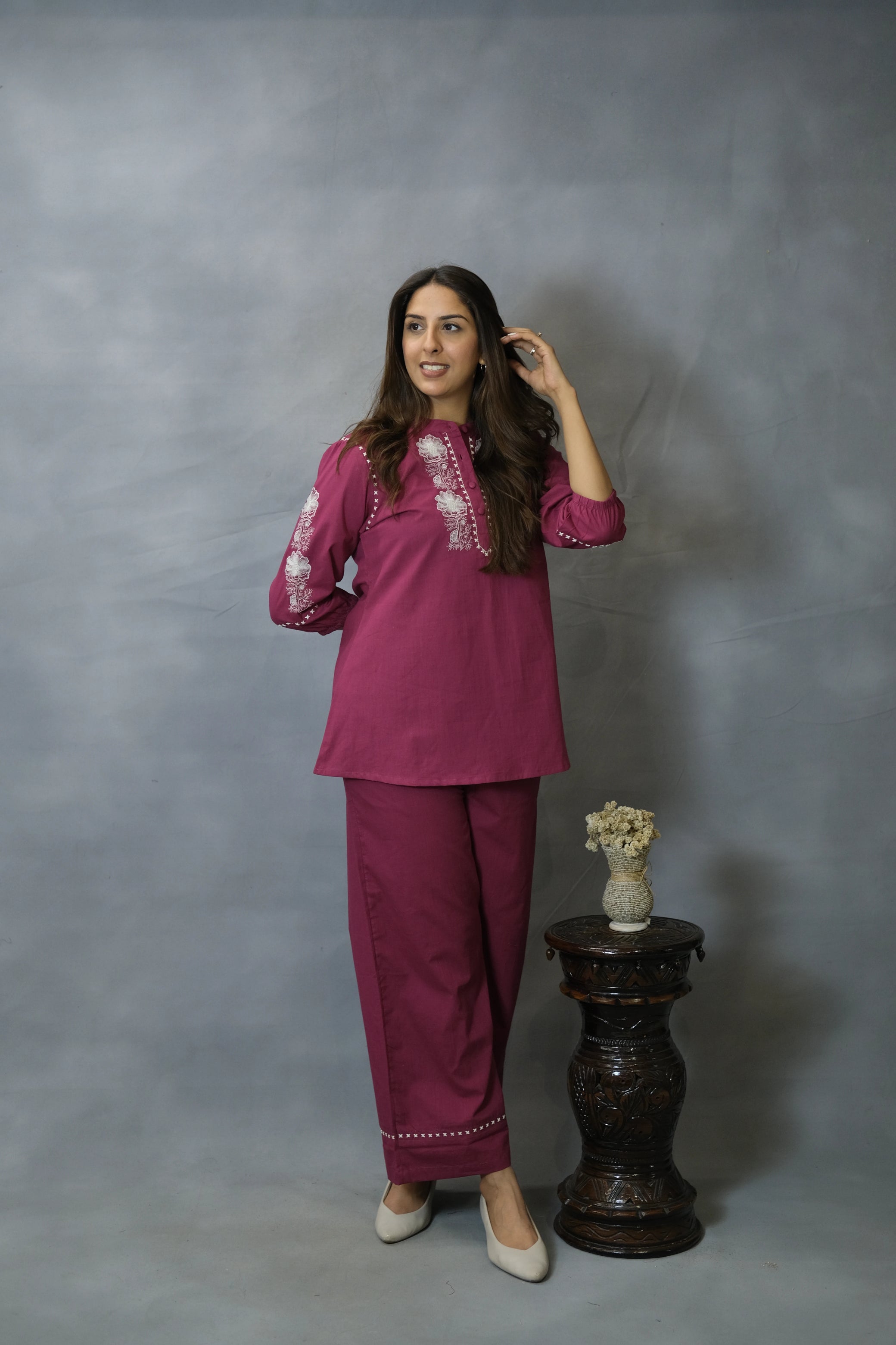 Dark Wine Embroidered Co-ord Set | Soft Cotton