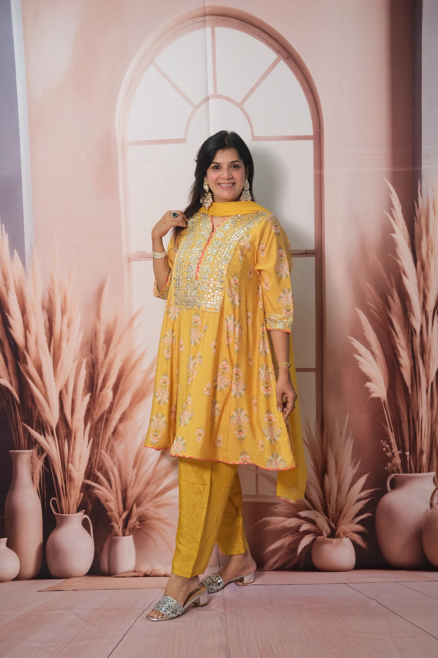 Yellow Mul Chanderi Knee-Length Short Anarkali with Gota Patti Work