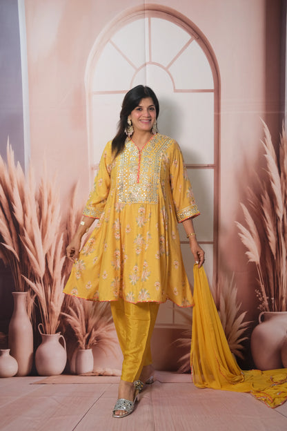 Yellow Mul Chanderi Knee-Length Short Anarkali with Gota Patti Work
