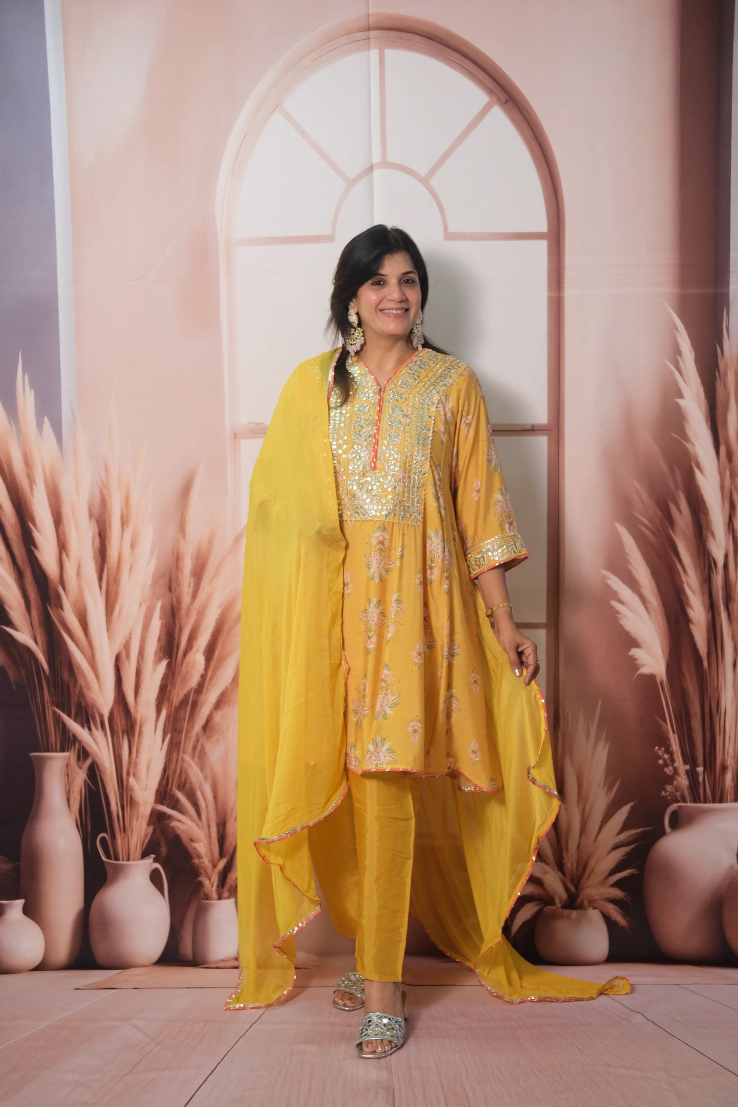 Yellow Mul Chanderi Knee-Length Short Anarkali with Gota Patti Work