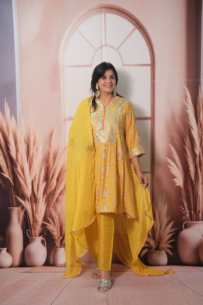 Yellow Mul Chanderi Knee-Length Short Anarkali with Gota Patti Work