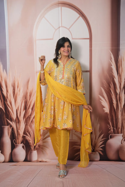 Yellow Mul Chanderi Knee-Length Short Anarkali with Gota Patti Work