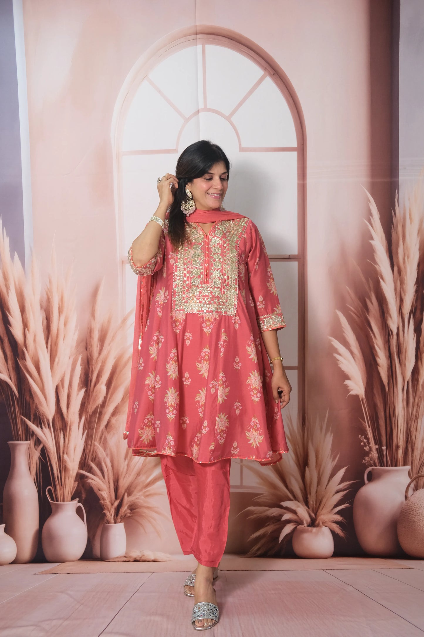 Dark Peach Mul Chanderi Knee-Length Short Anarkali with Gota Patti Work