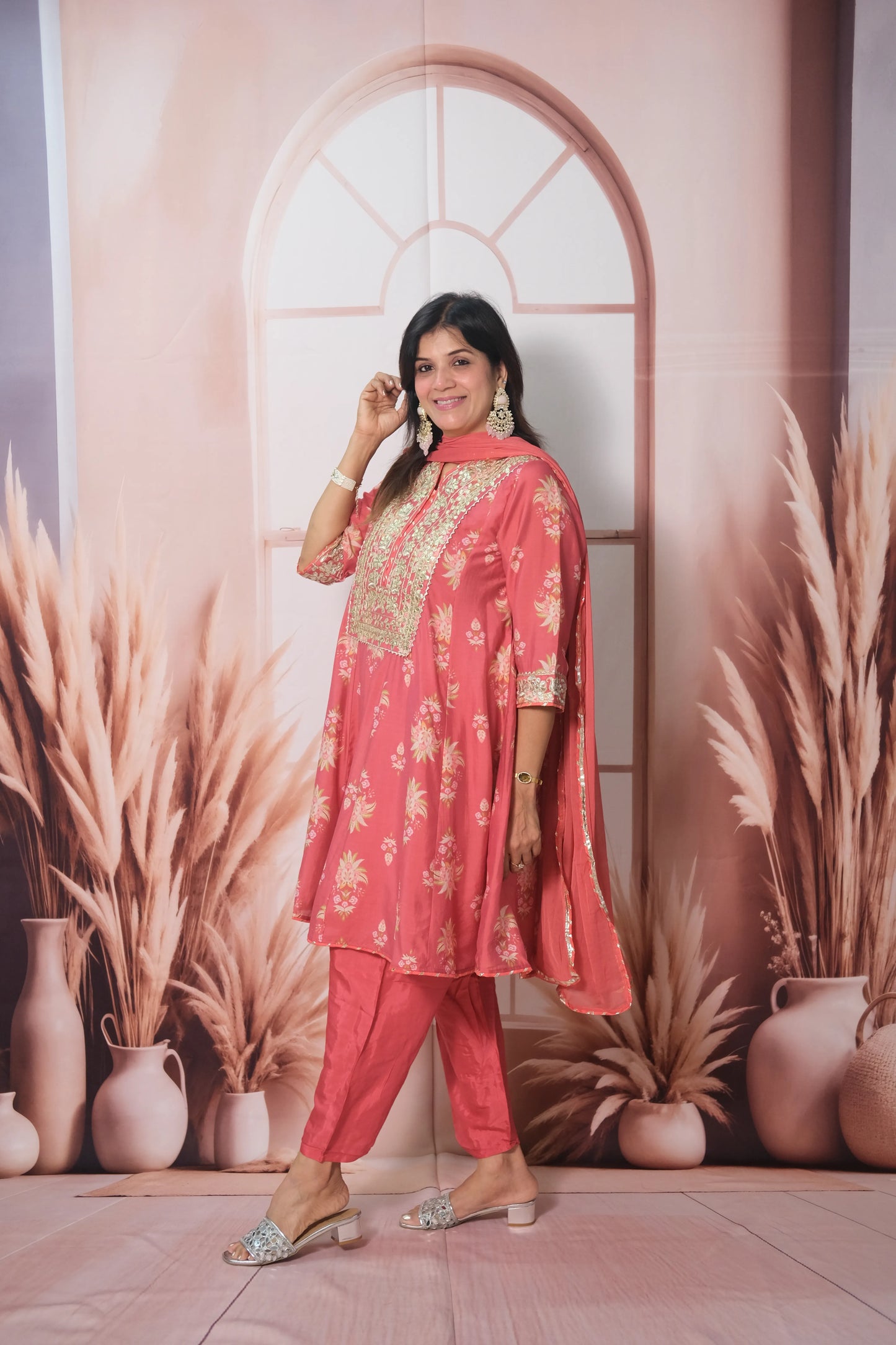 Dark Peach Mul Chanderi Knee-Length Short Anarkali with Gota Patti Work