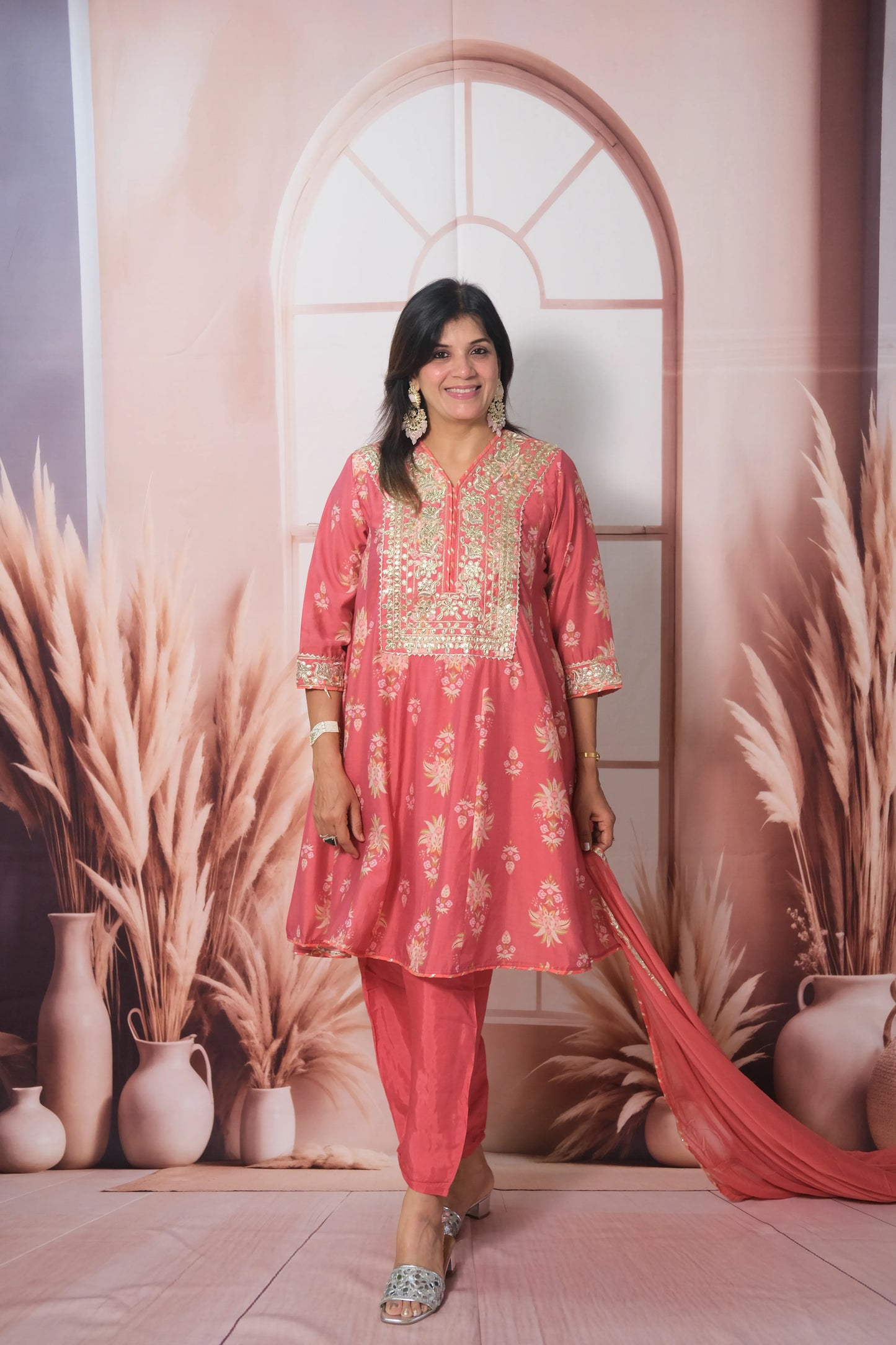 Dark Peach Mul Chanderi Knee-Length Short Anarkali with Gota Patti Work