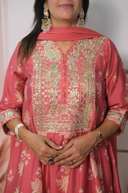 Dark Peach Mul Chanderi Knee-Length Short Anarkali with Gota Patti Work