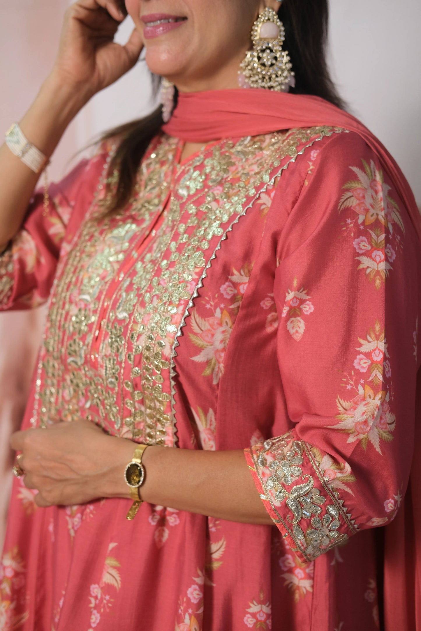 Dark Peach Mul Chanderi Knee-Length Short Anarkali with Gota Patti Work