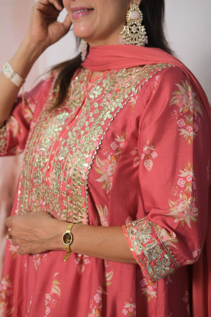 Dark Peach Mul Chanderi Knee-Length Short Anarkali with Gota Patti Work