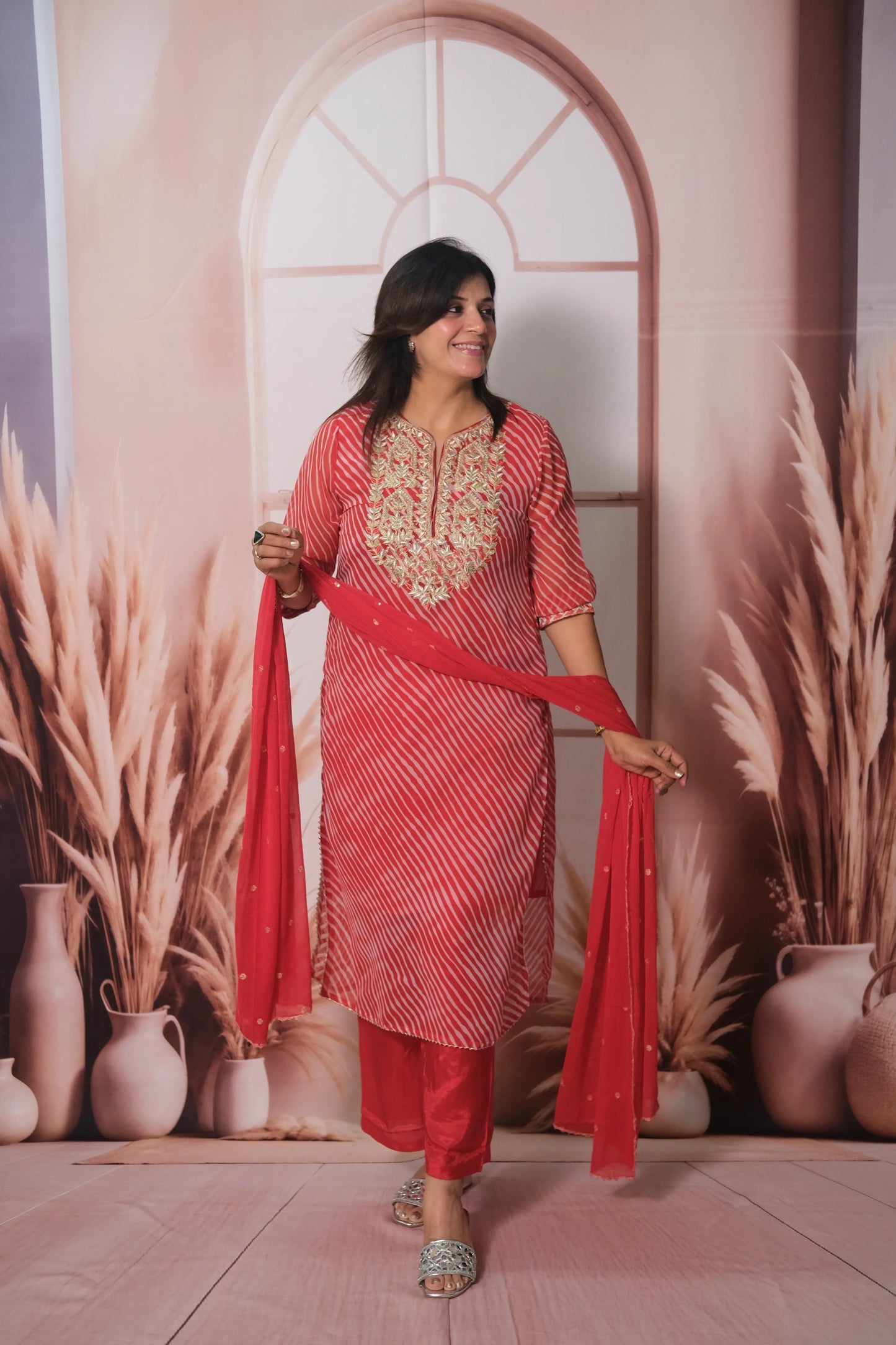 Red Leheriya Print Chiffon Dupatta Set with pitta Work