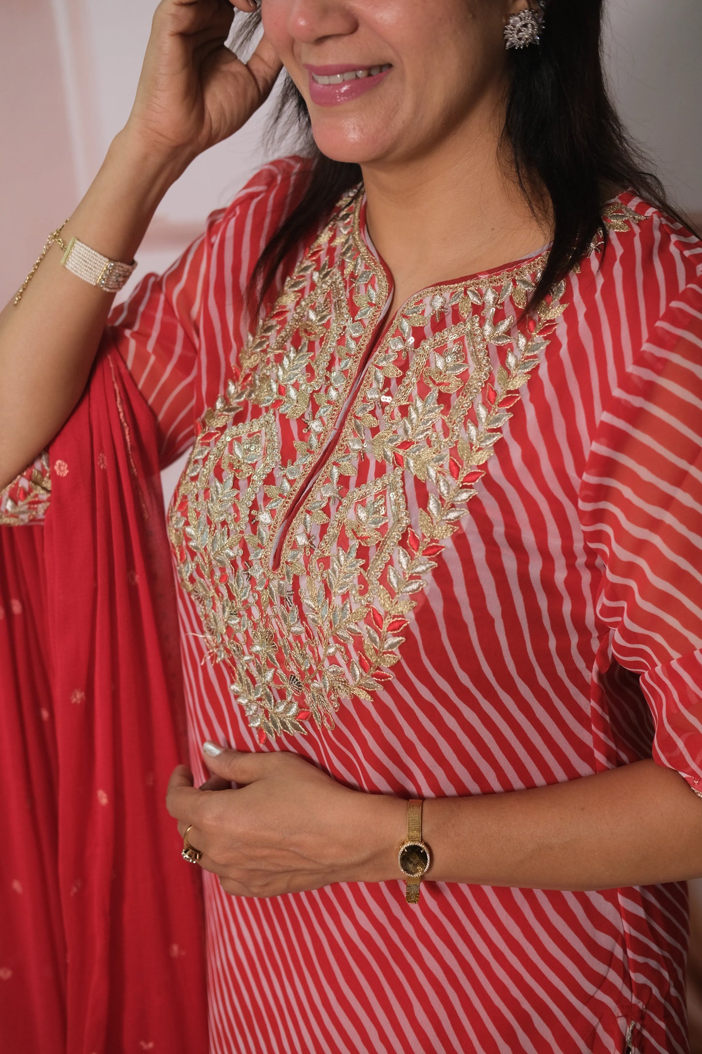 Red Leheriya Print Chiffon Dupatta Set with pitta Work