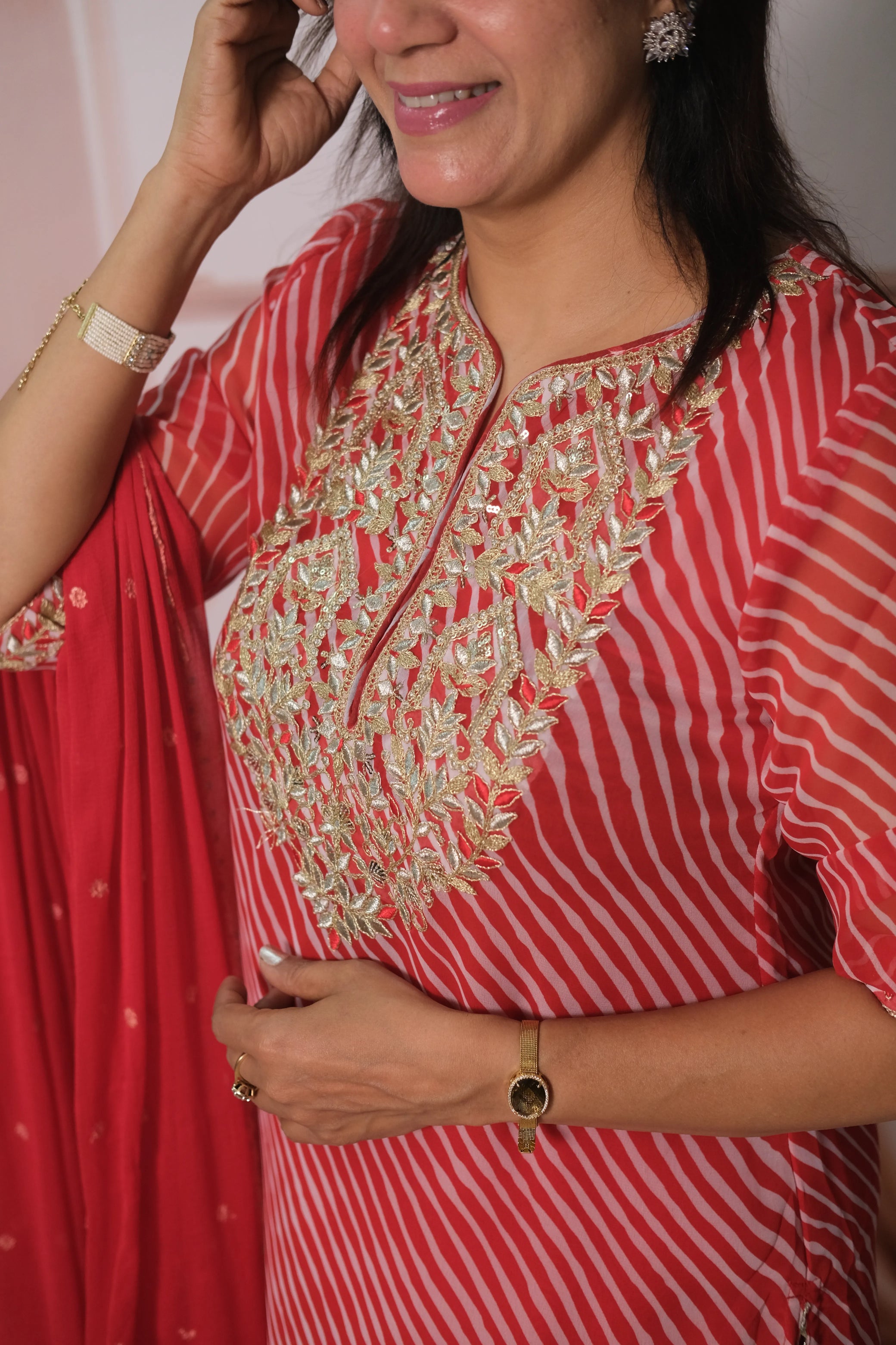 Red Leheriya Print Chiffon Dupatta Set with pitta Work