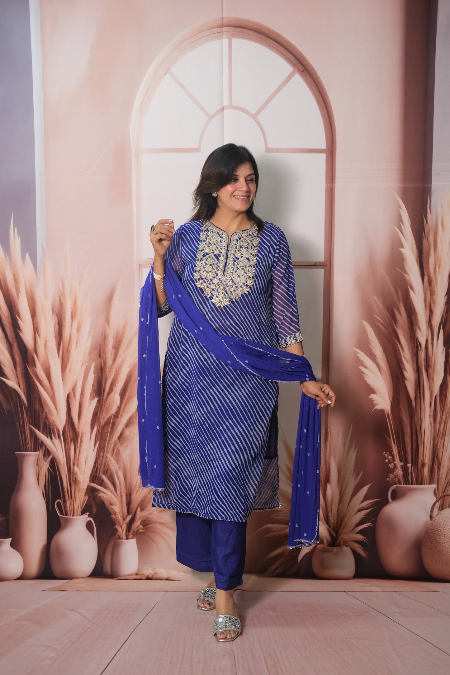 Royal Blue Leheriya Print Chiffon Dupatta Set with Pitta Work