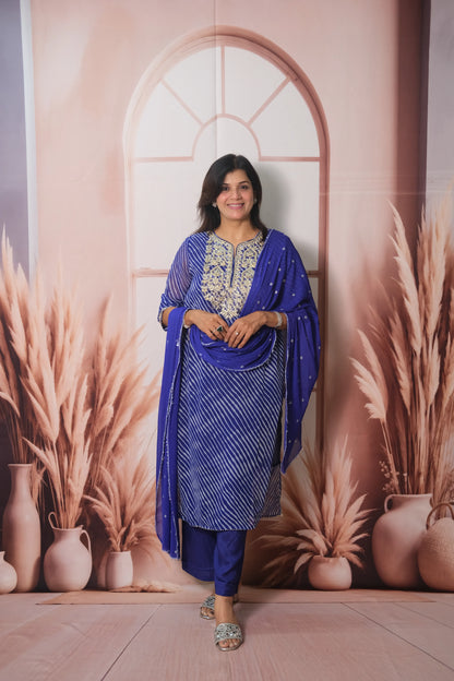 Royal Blue Leheriya Print Chiffon Dupatta Set with Pitta Work