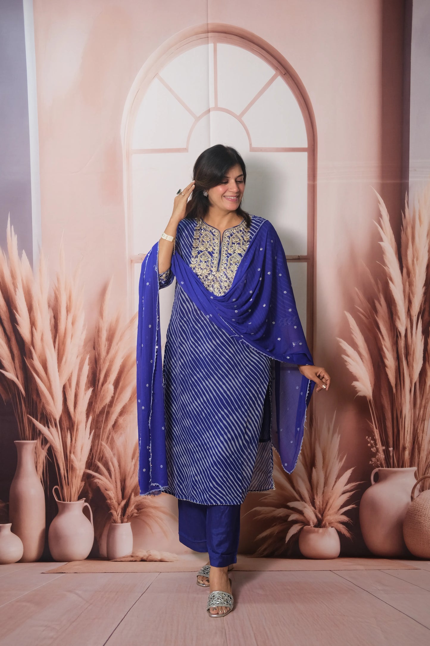 Royal Blue Leheriya Print Chiffon Dupatta Set with Pitta Work