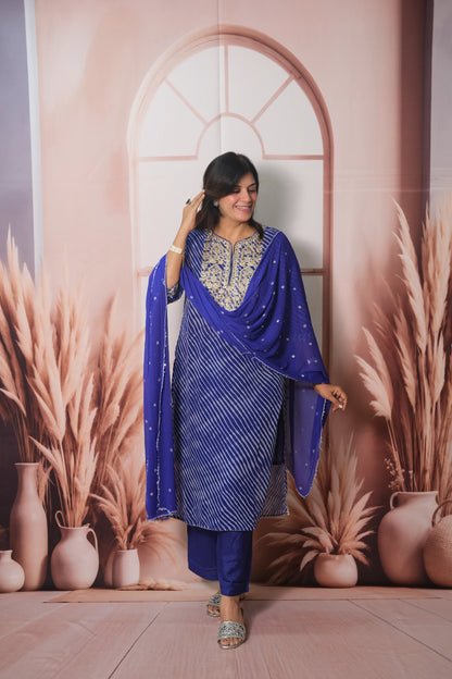 Royal Blue Leheriya Print Chiffon Dupatta Set with Pitta Work