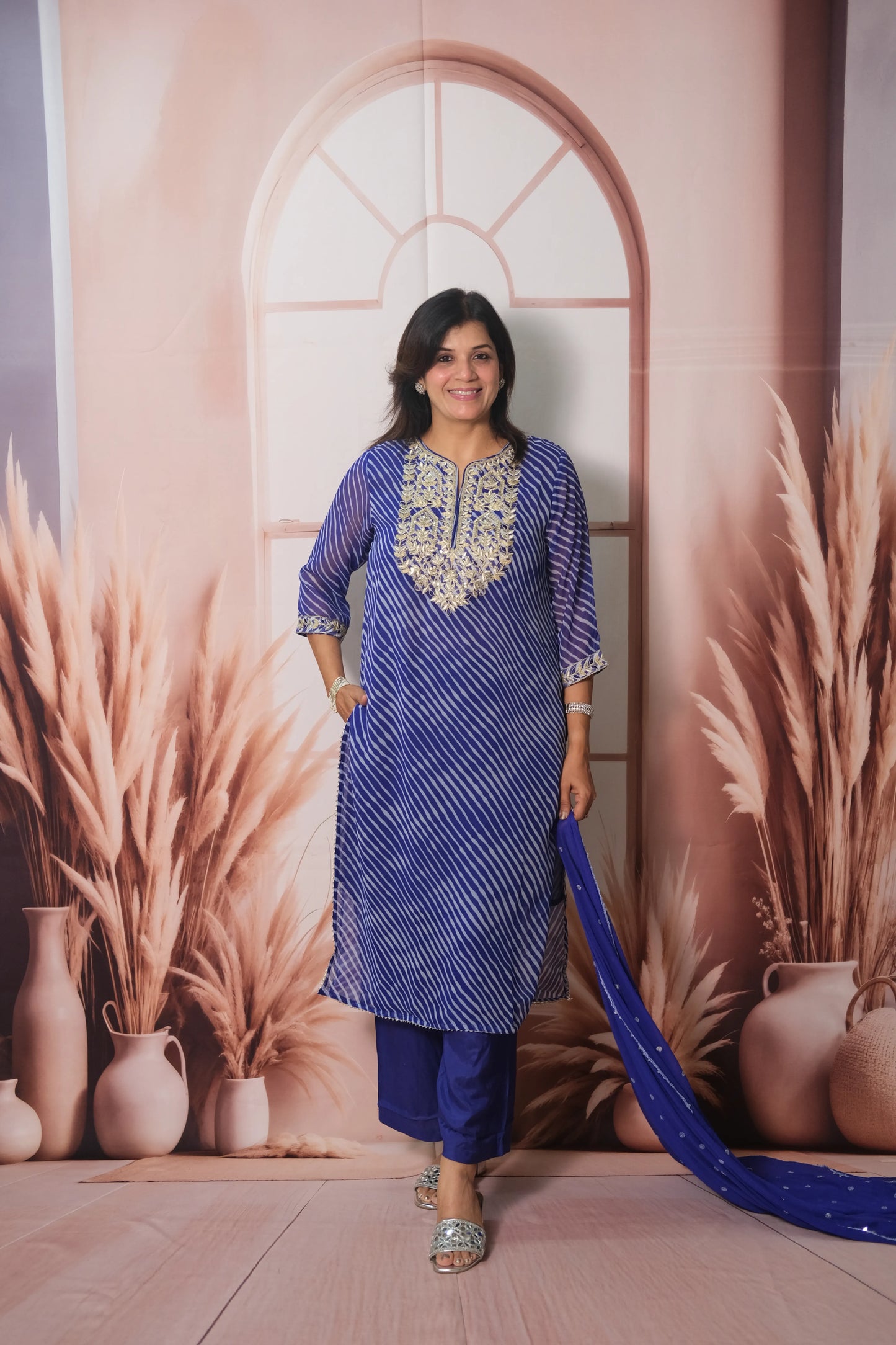 Royal Blue Leheriya Print Chiffon Dupatta Set with Pitta Work