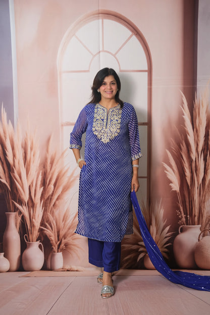 Royal Blue Leheriya Print Chiffon Dupatta Set with Pitta Work