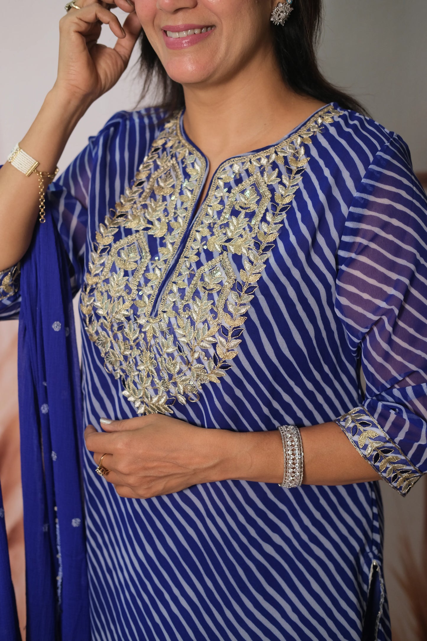 Royal Blue Leheriya Print Chiffon Dupatta Set with Pitta Work