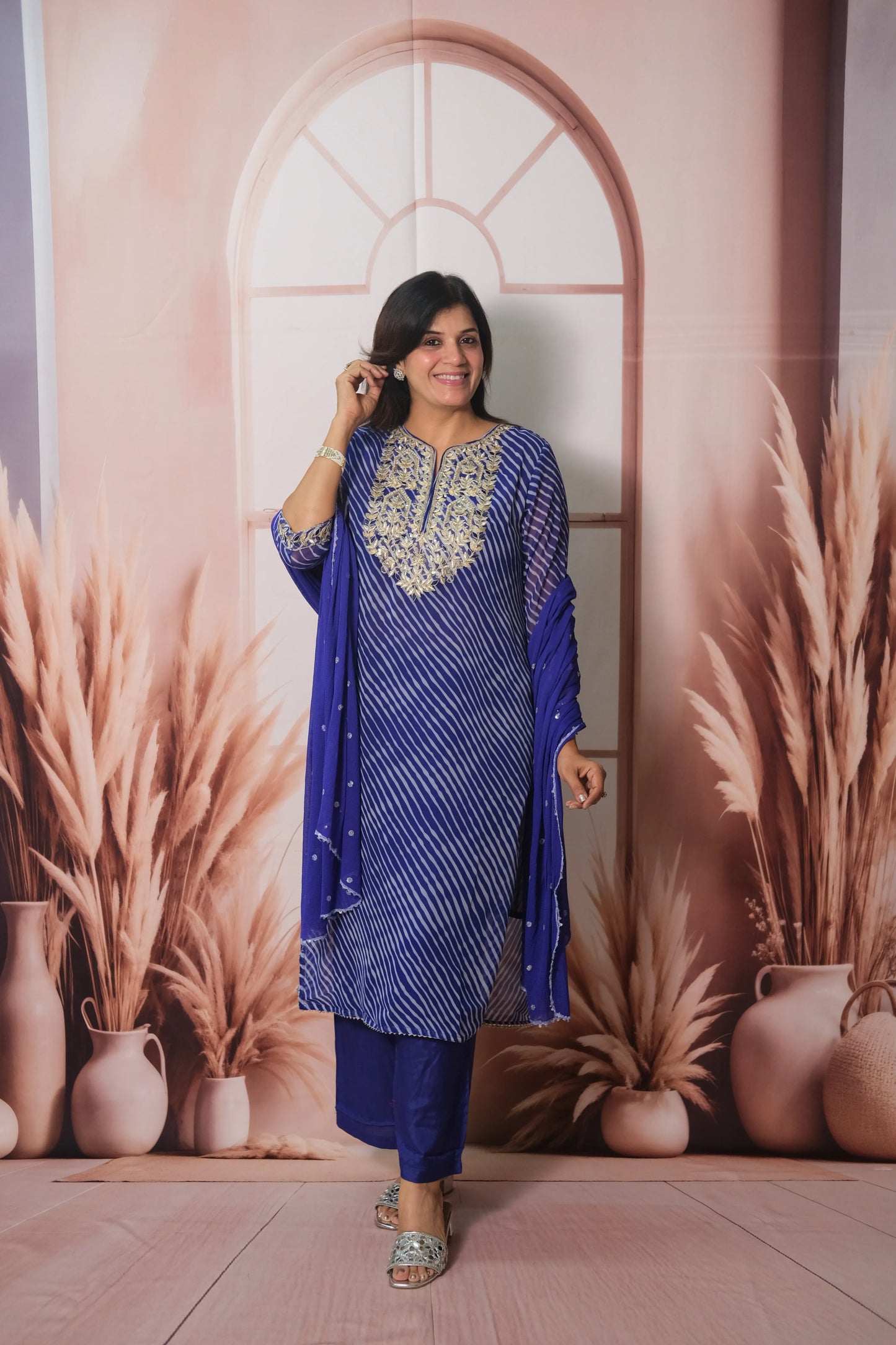 Royal Blue Leheriya Print Chiffon Dupatta Set with Pitta Work