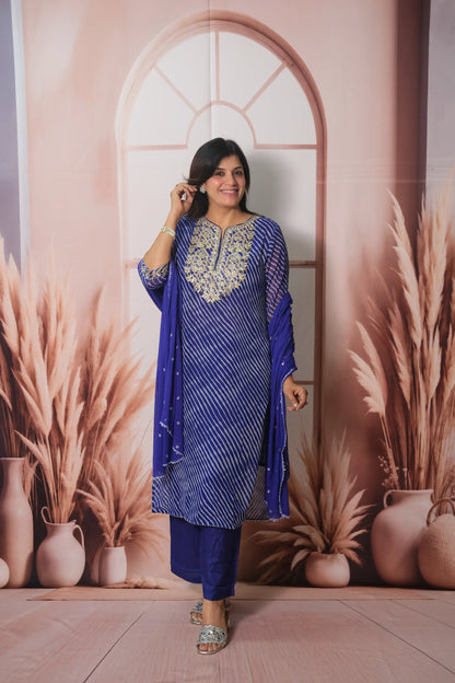 Royal Blue Leheriya Print Chiffon Dupatta Set with Pitta Work