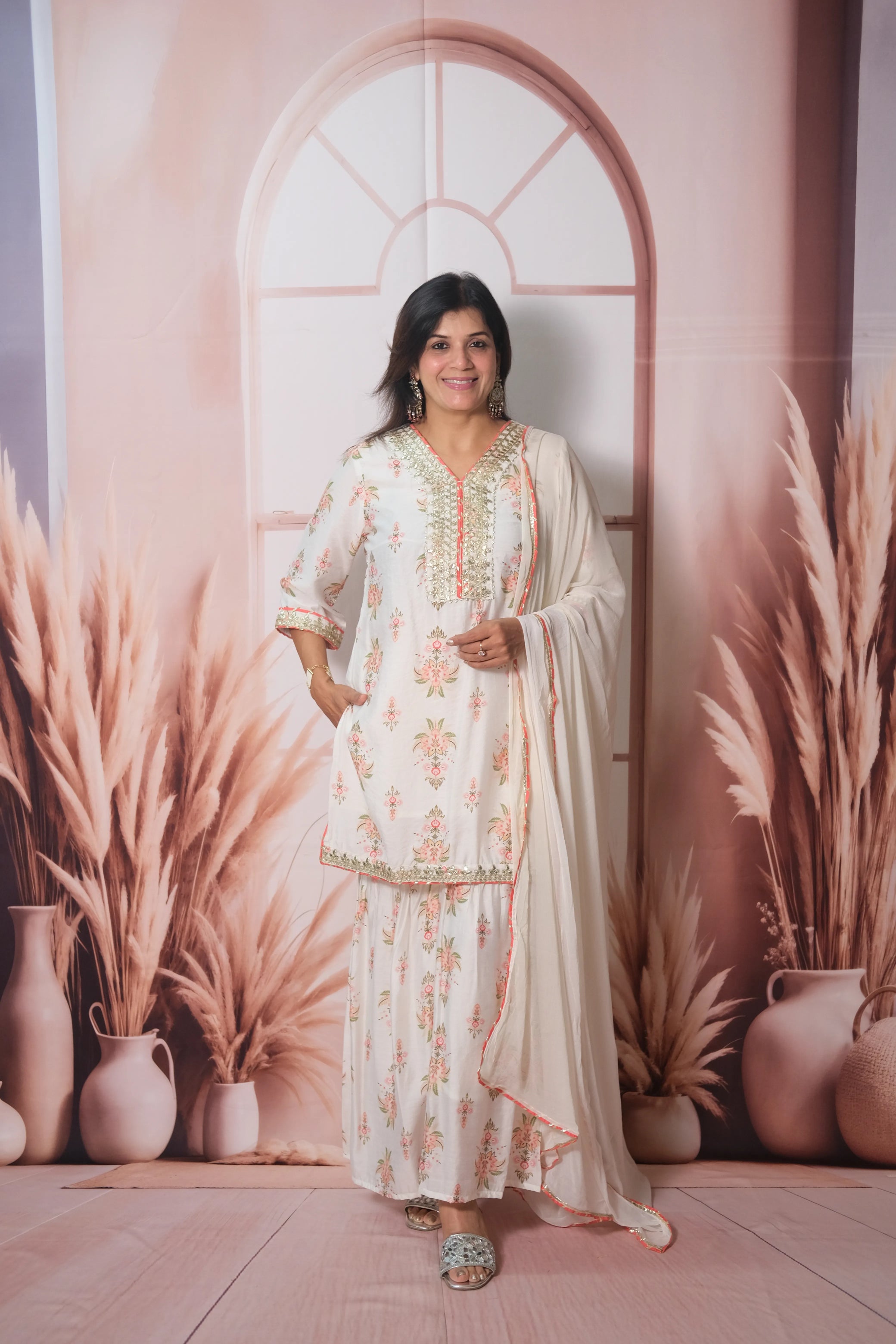 White Mul Chanderi Knee-Length Sharara Suit with Gota Patti Work