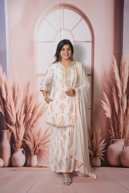 White Mul Chanderi Knee-Length Sharara Suit with Gota Patti Work