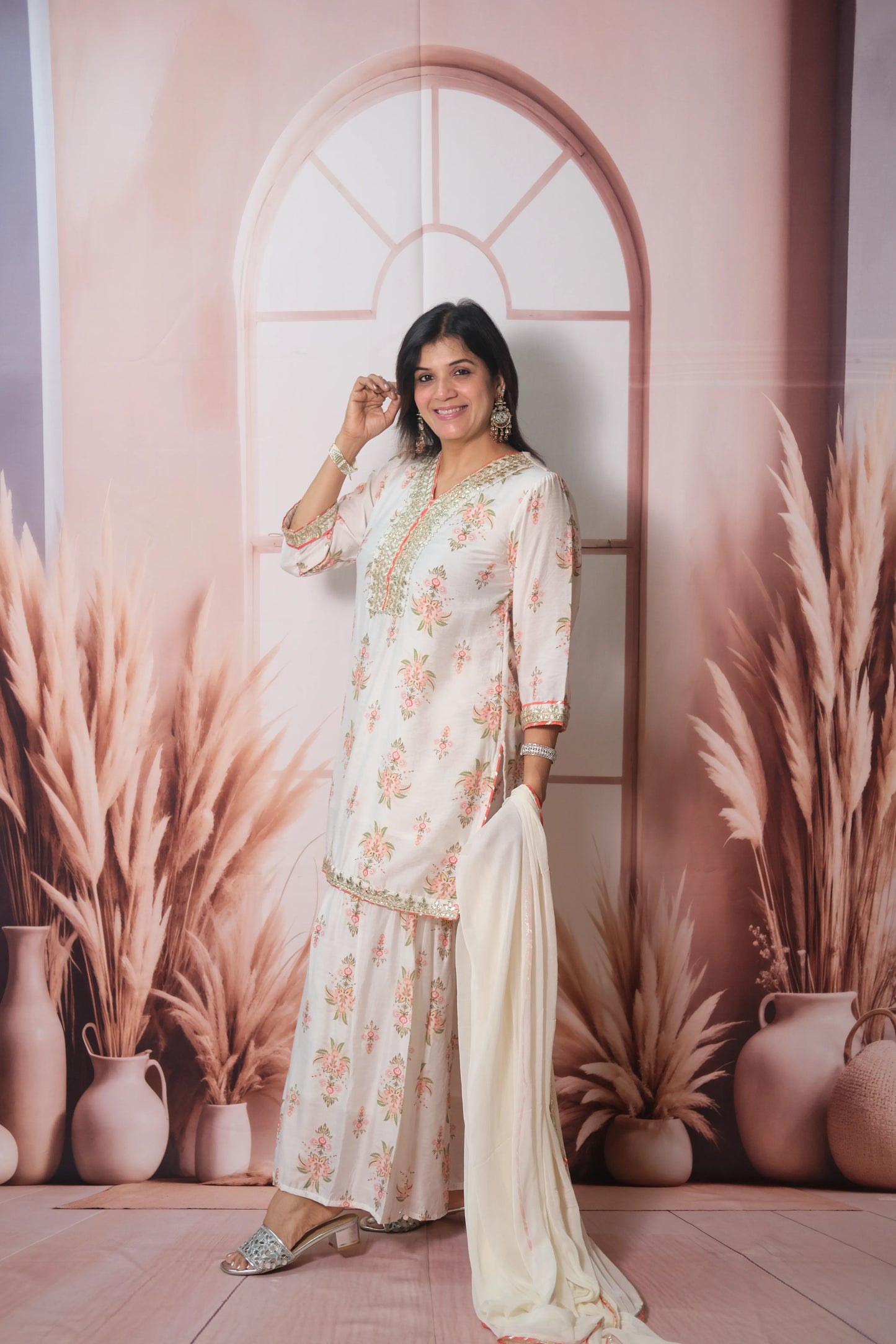White Mul Chanderi Knee-Length Sharara Suit with Gota Patti Work