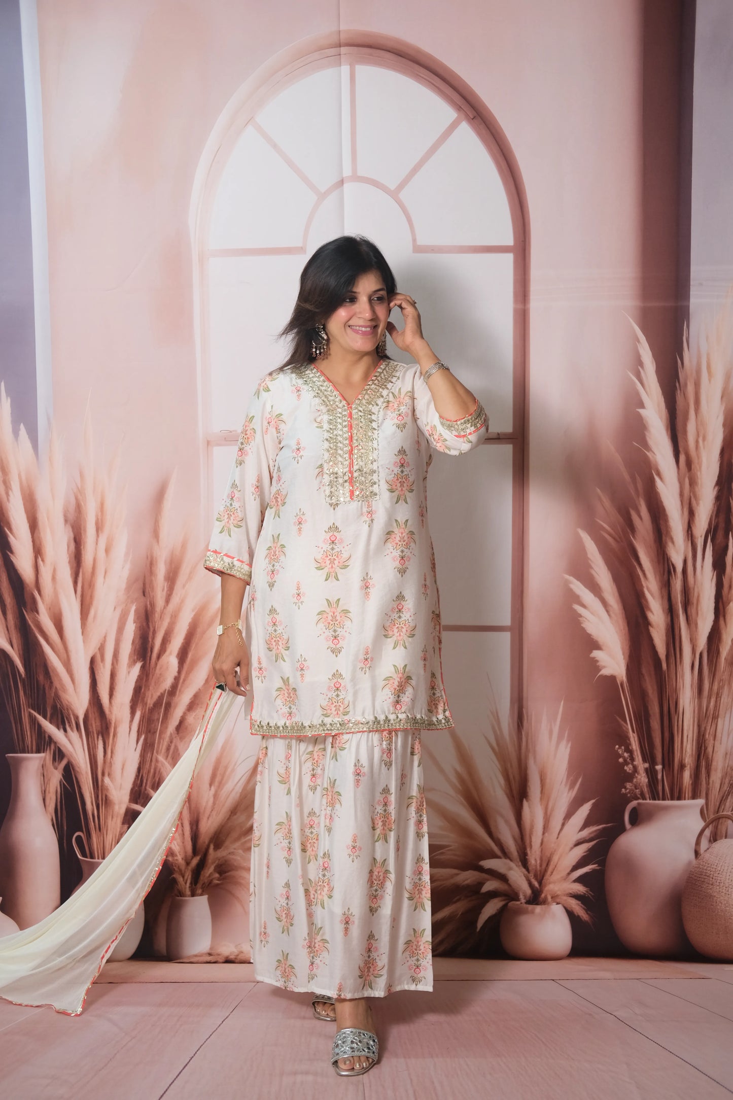 White Mul Chanderi Knee-Length Sharara Suit with Gota Patti Work