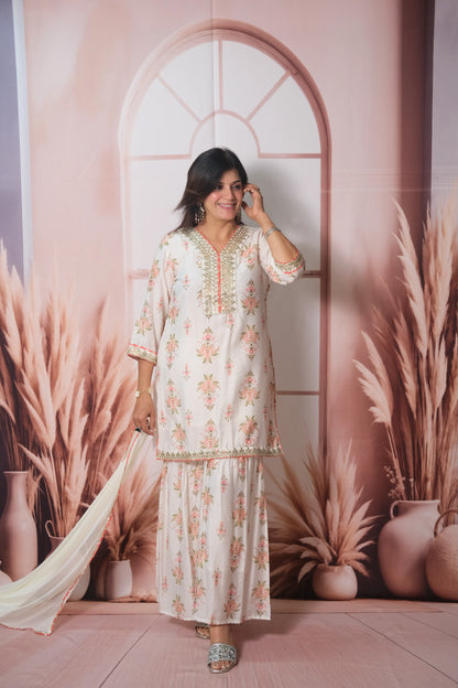 White Mul Chanderi Knee-Length Sharara Suit with Gota Patti Work