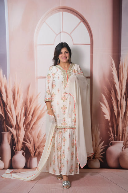 White Mul Chanderi Knee-Length Sharara Suit with Gota Patti Work