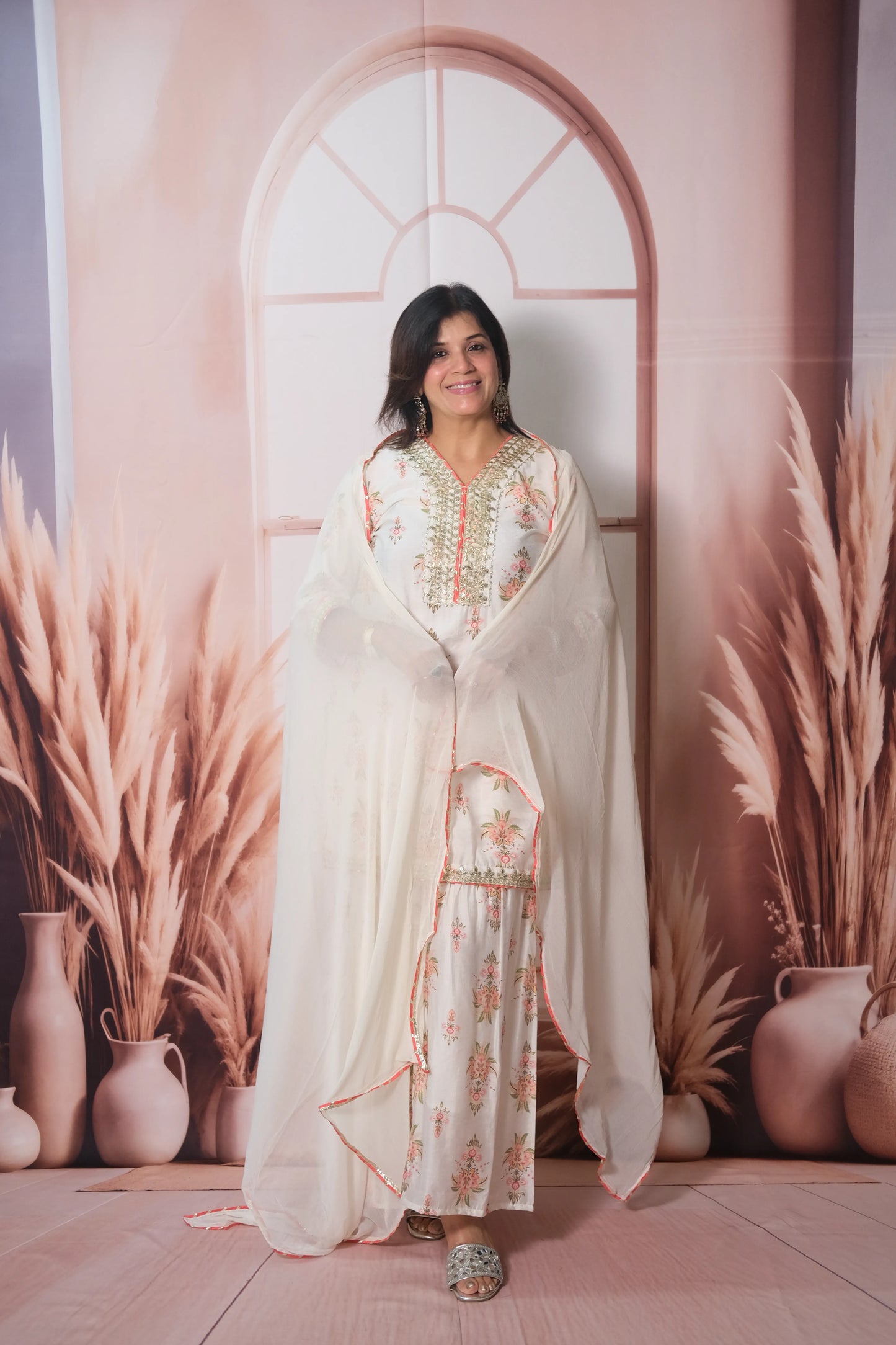 White Mul Chanderi Knee-Length Sharara Suit with Gota Patti Work